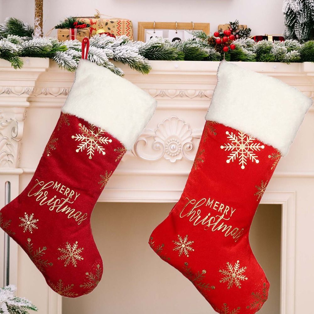 Snowflake Pattern Christmas Stocking, Embroidered Personalized Christmas Sock, Red Green Navidad, Large Gift Bag