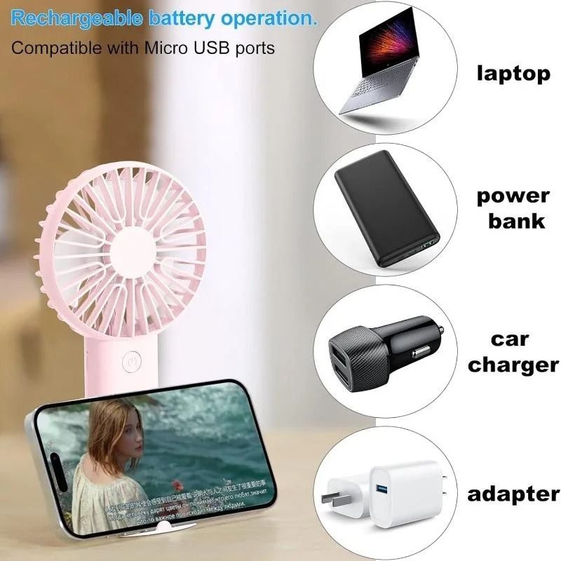Rechargeable USB Handheld Fan with Phone Holder