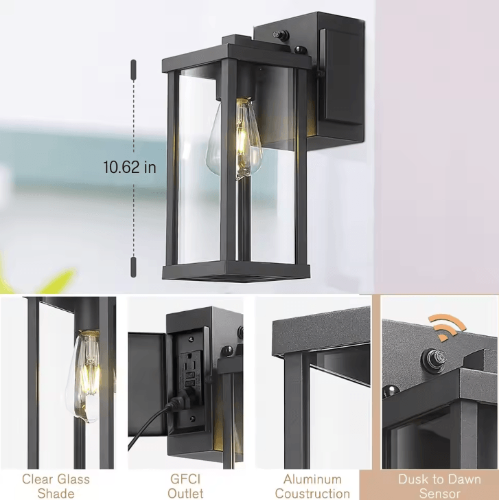 Porch Light With GFCI Outlet Dusk To Dawn Exterior Wall Lighting Fixture for House Patio Garage