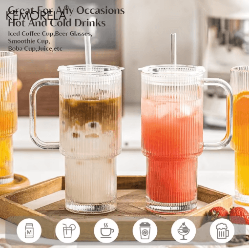 760 ml Ribbed Glass Tumbler with Handle Lid Large Iced Coffee Mug with Straw 1 to 2 PCS