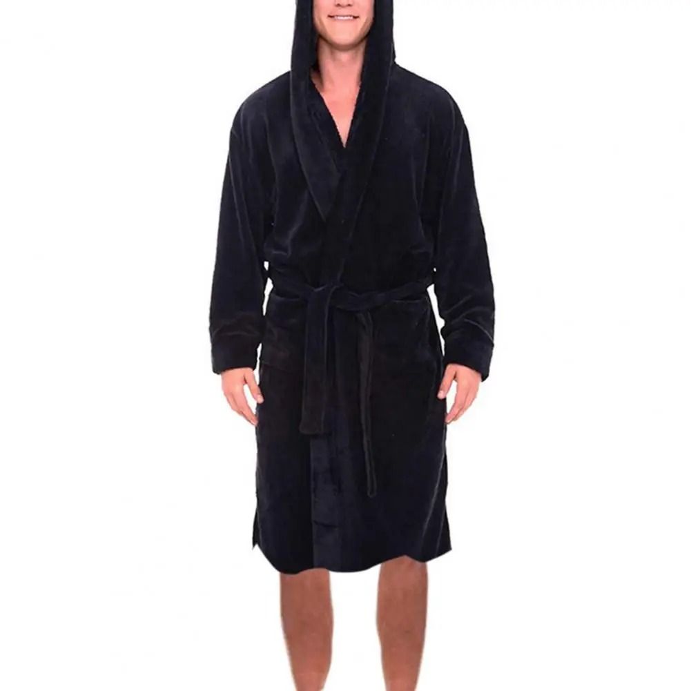 Mens Winter Warm Hooded Fleece Bathrobe – Long Sleeve Thermal Home Gown & Solid Color Sleepwear