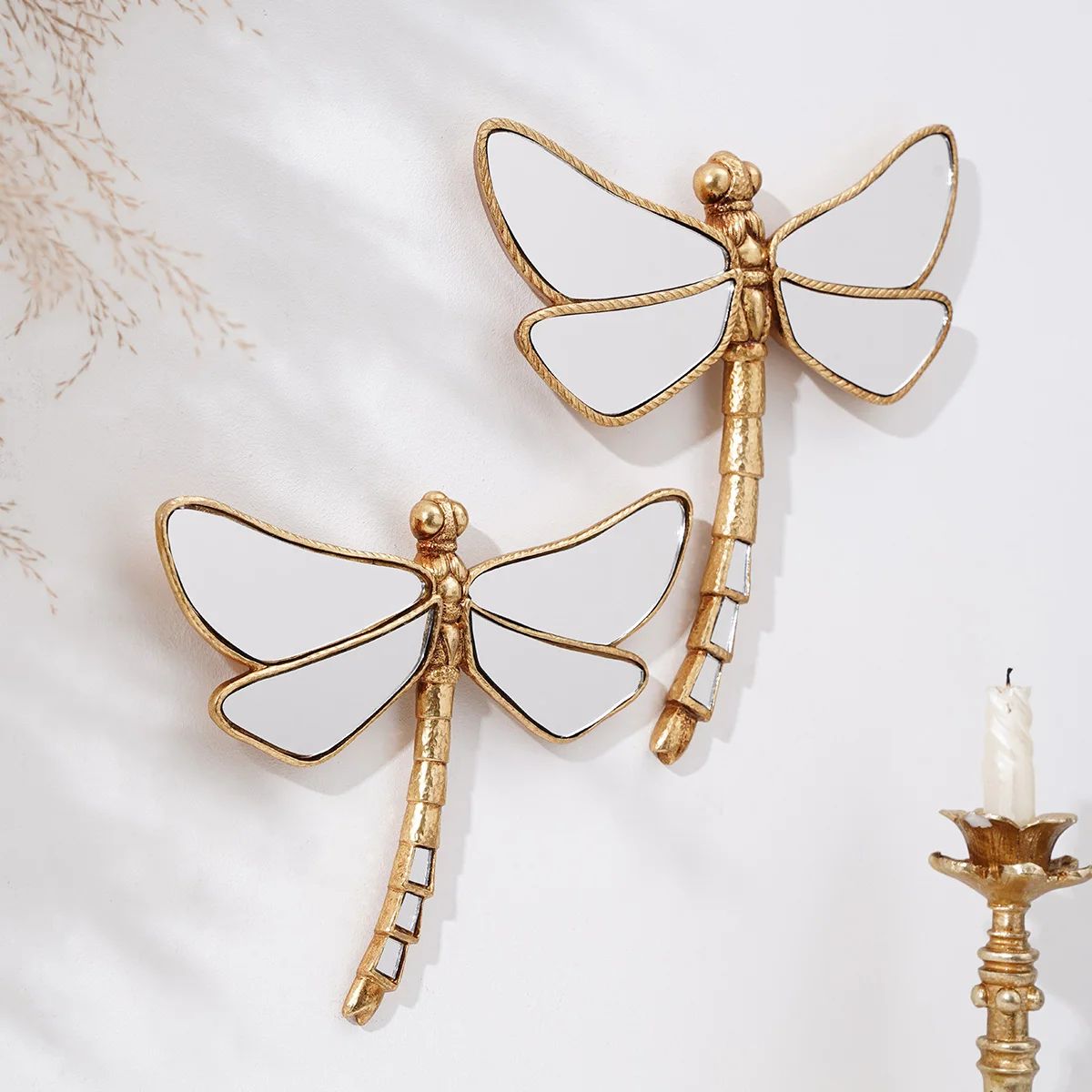 Golden Dragonfly Wall Decor Mirror Finish Resin Art Elegant Home Accent