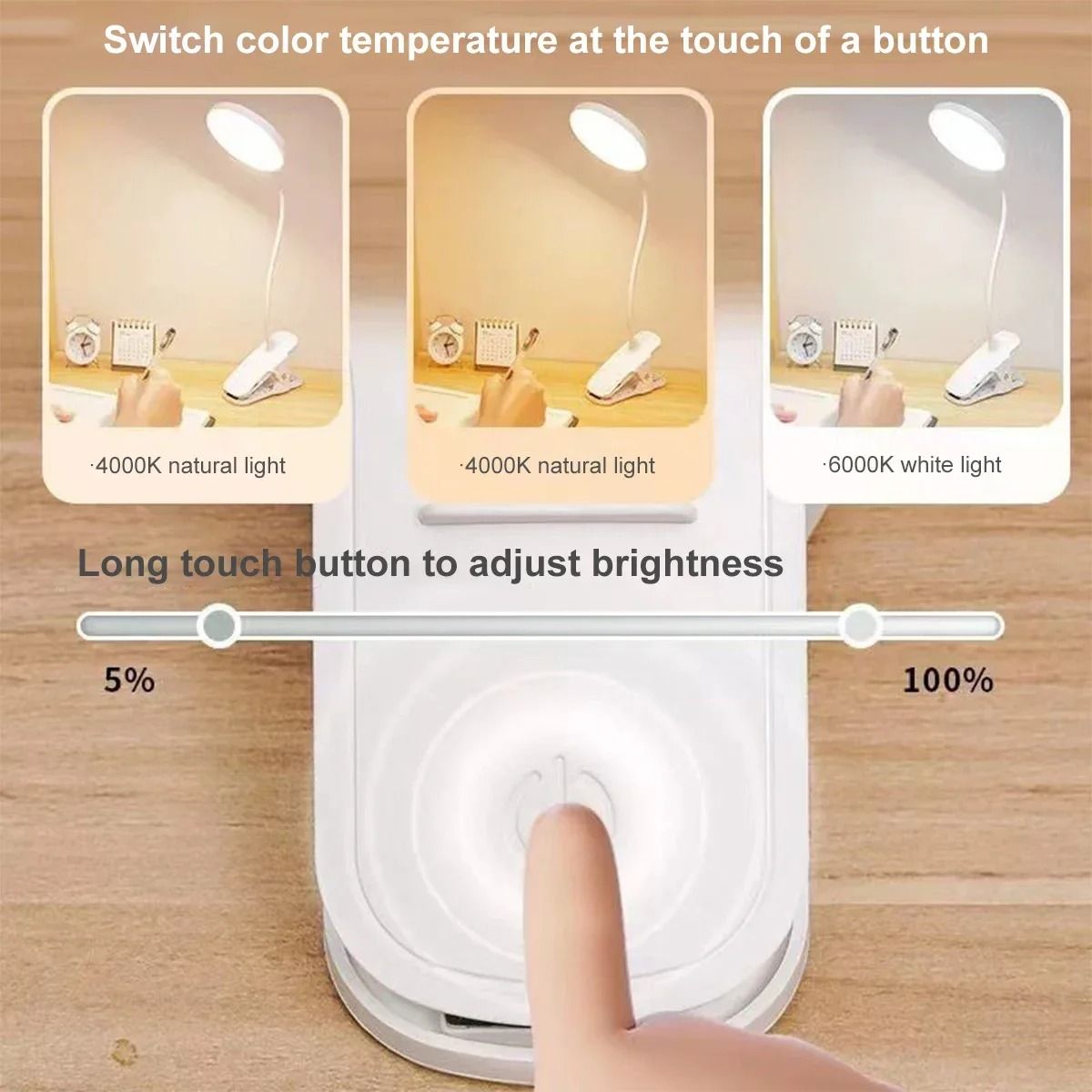 USB Rechargeable Desk Lamp LED Clip Reading Light with Eye Protection and 3 Dimming Modes