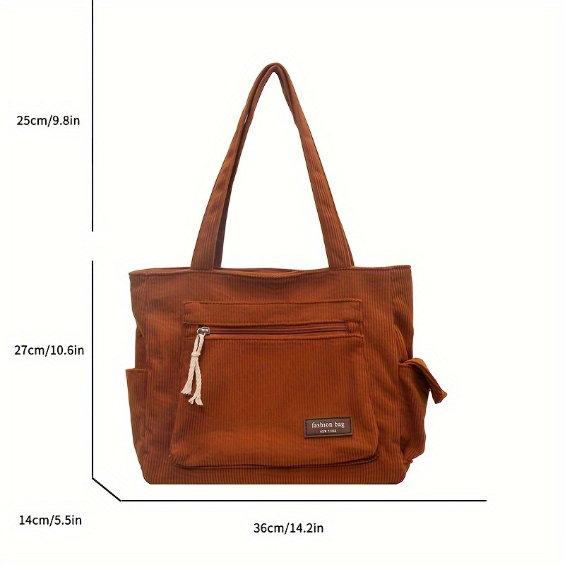 Corduroy Tote Bag with Multi Pockets Casual Shoulder Bag for Everyday Use