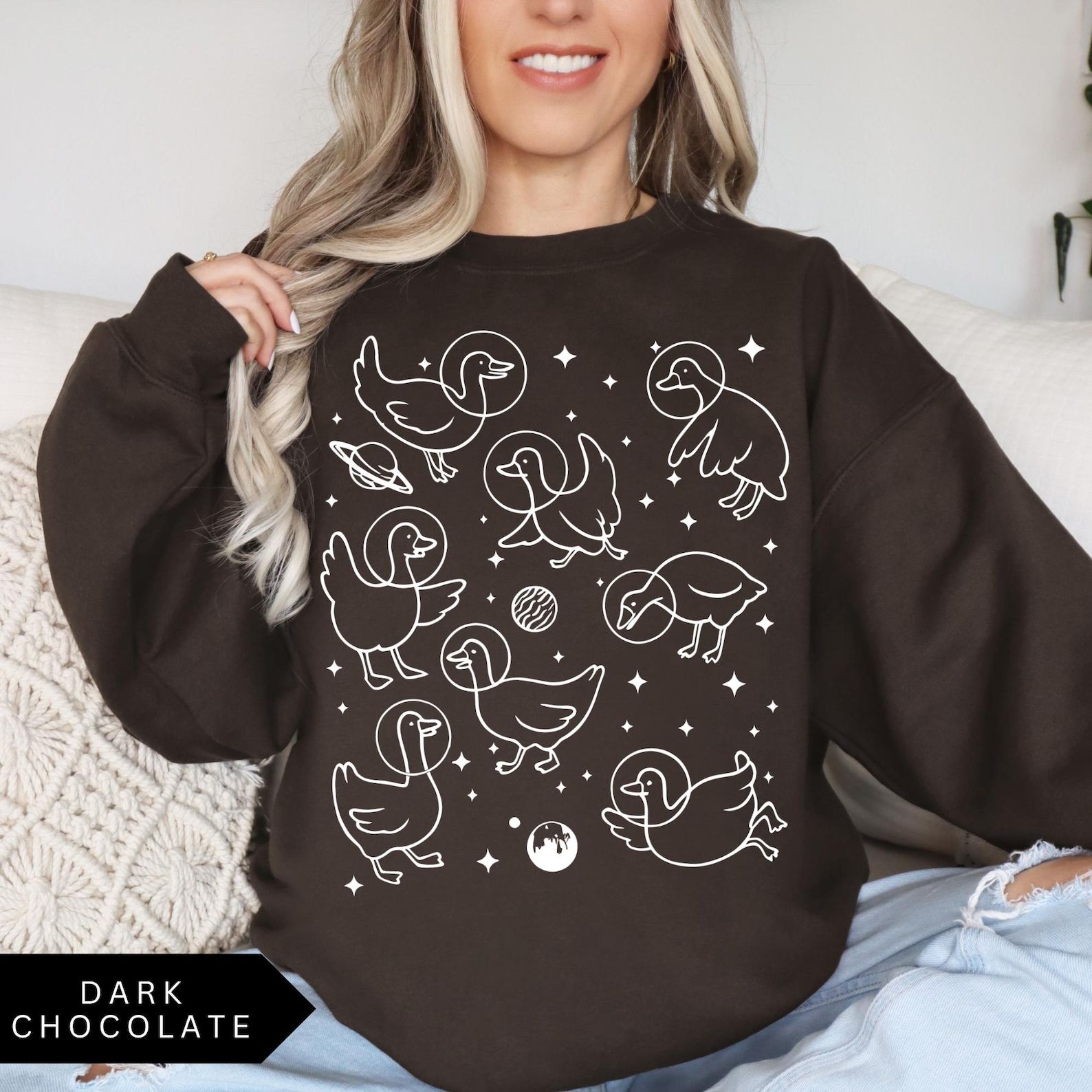 Geese in Space Sweatshirt, Funny Goose Shirt, Graphic Retro Goose Lover Gift, Goose Crewneck