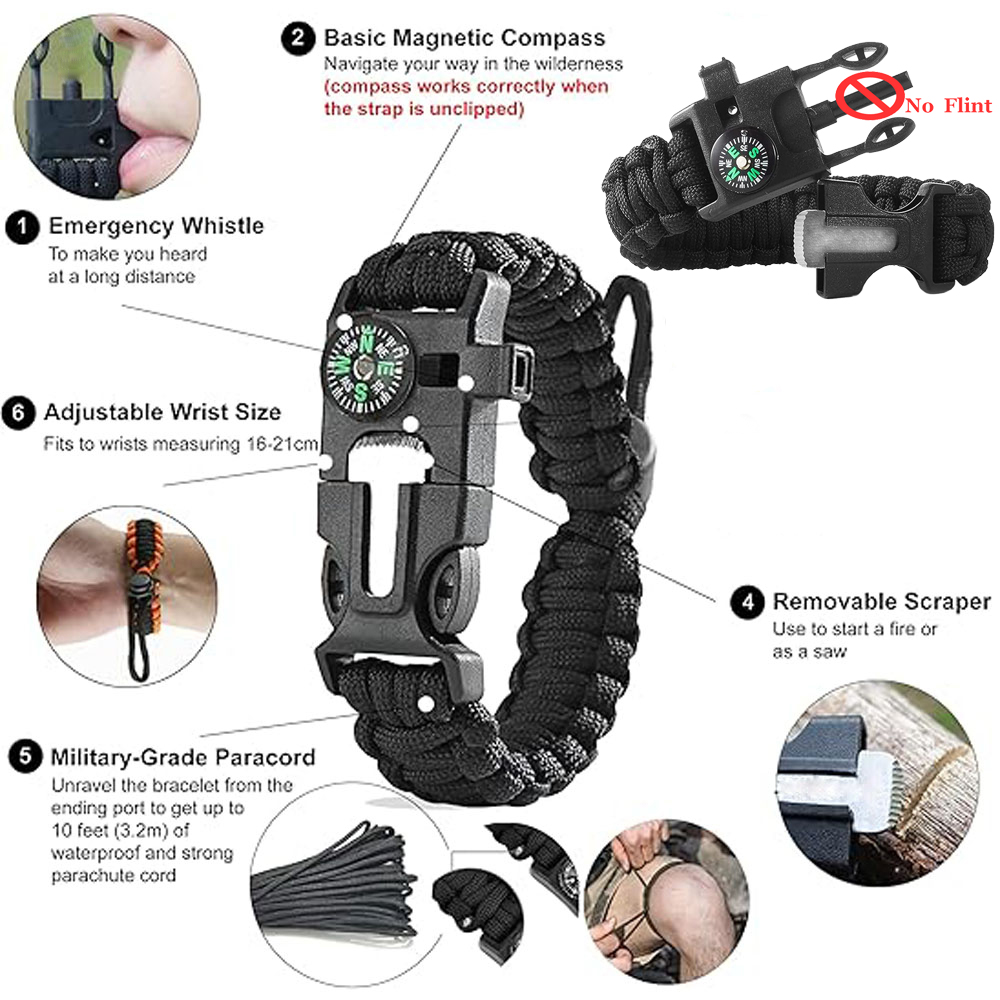 Survival Paracord Bracelet with Compass Whistle, Emergency Rescue Gear for Outdoor Adventure