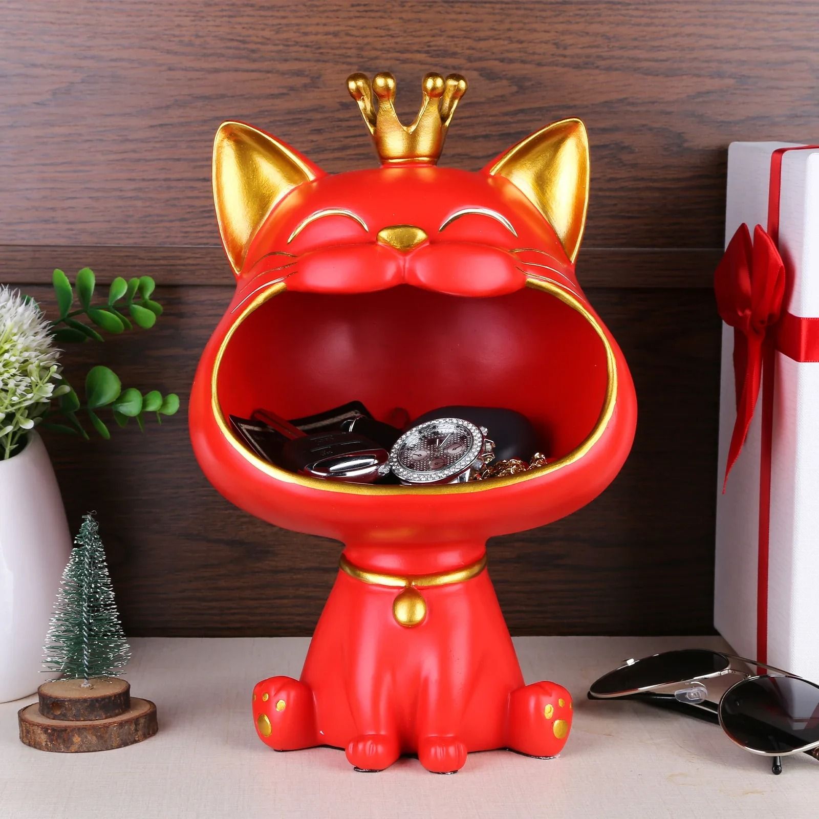 Fortune Crown Decorative Cat Entrance Key Storage Tray for Home Decor