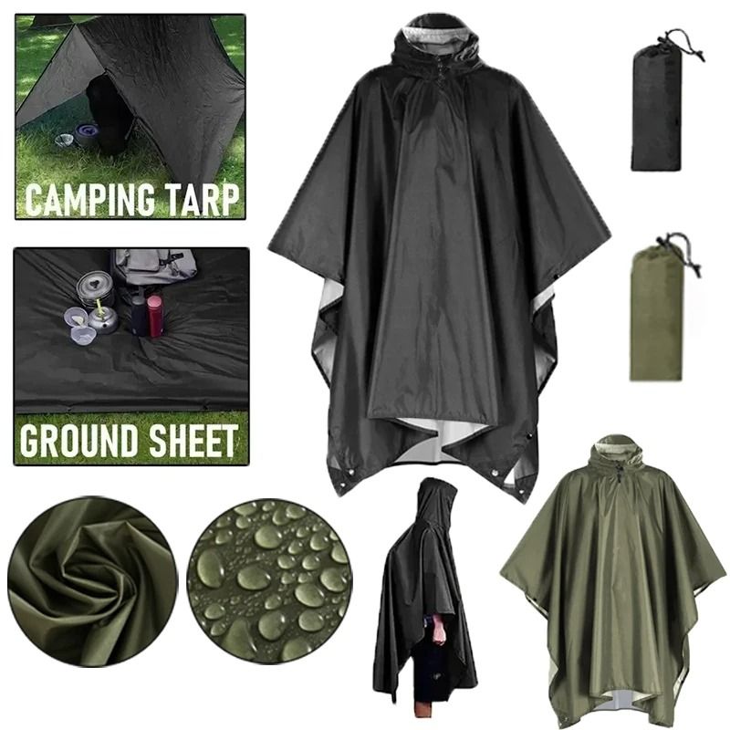 3 in 1 Waterproof Military Rain Poncho for Camping Hiking and Travel