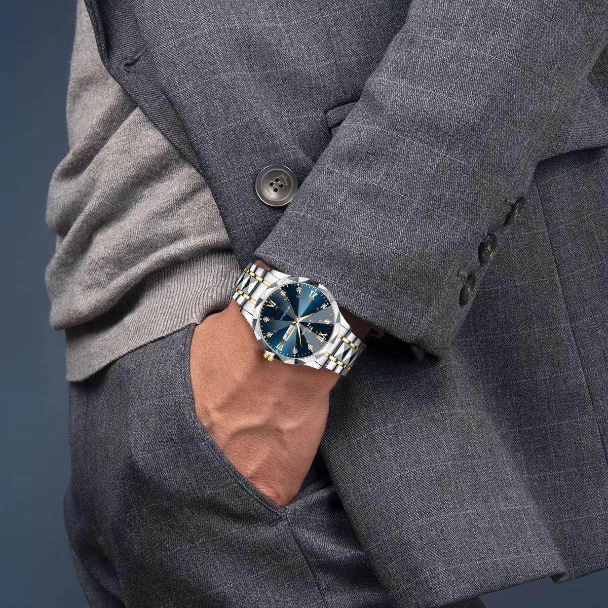 Men's Luxury Stainless Steel Watch – Blue Gold Quartz with Night Glow & Double Calendar