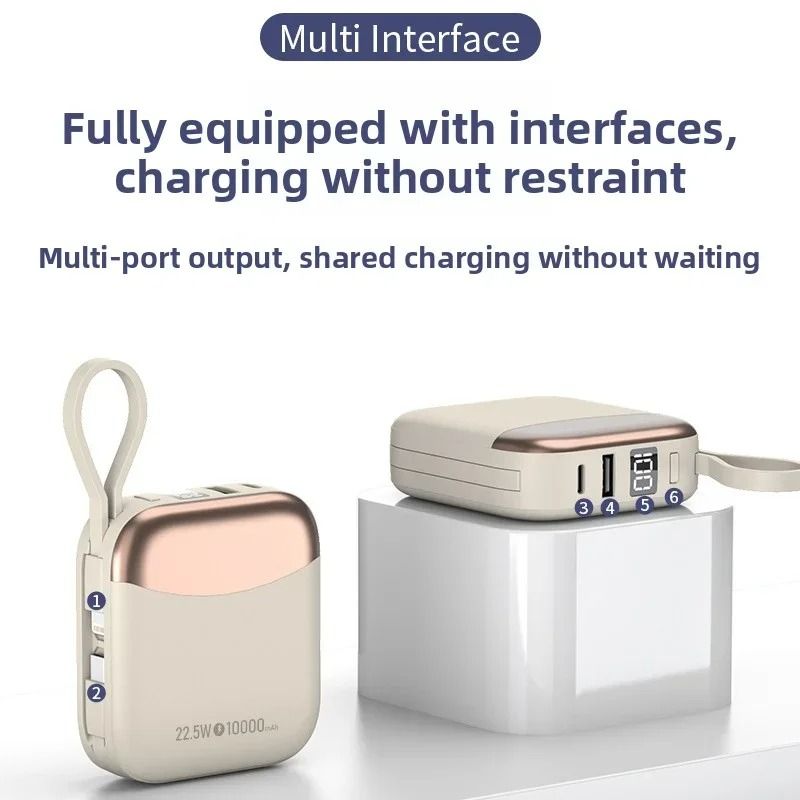 Mini Palm Power Bank – 10000mAh Ultra-Compact External Battery with 22.5W Fast Charge & Built-In Cables