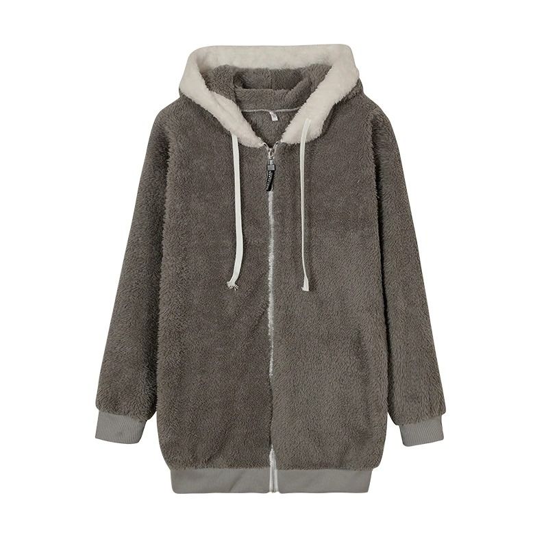 Cozy Womens Plush Hooded Jacket Loose Zip Up Winter Fleece Coat