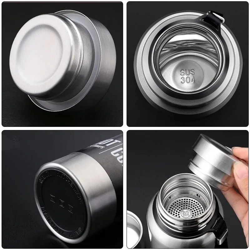 Stainless Steel Vacuum Thermos Bottle with Strainer – Large Capacity Insulated Tumbler with Carry Rope