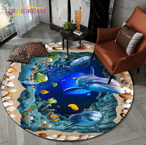 3D Ocean Dolphin Area Rug – Non-Slip Underwater Illusion Round Carpet