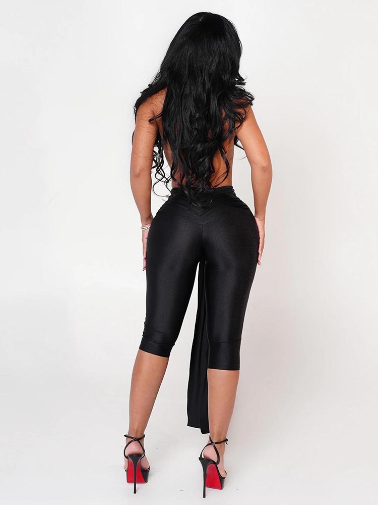 Midnight Activity Slim Playsuits Women Elastic Backless Weird Puss Halter Romper Ribbon Workout Activewear