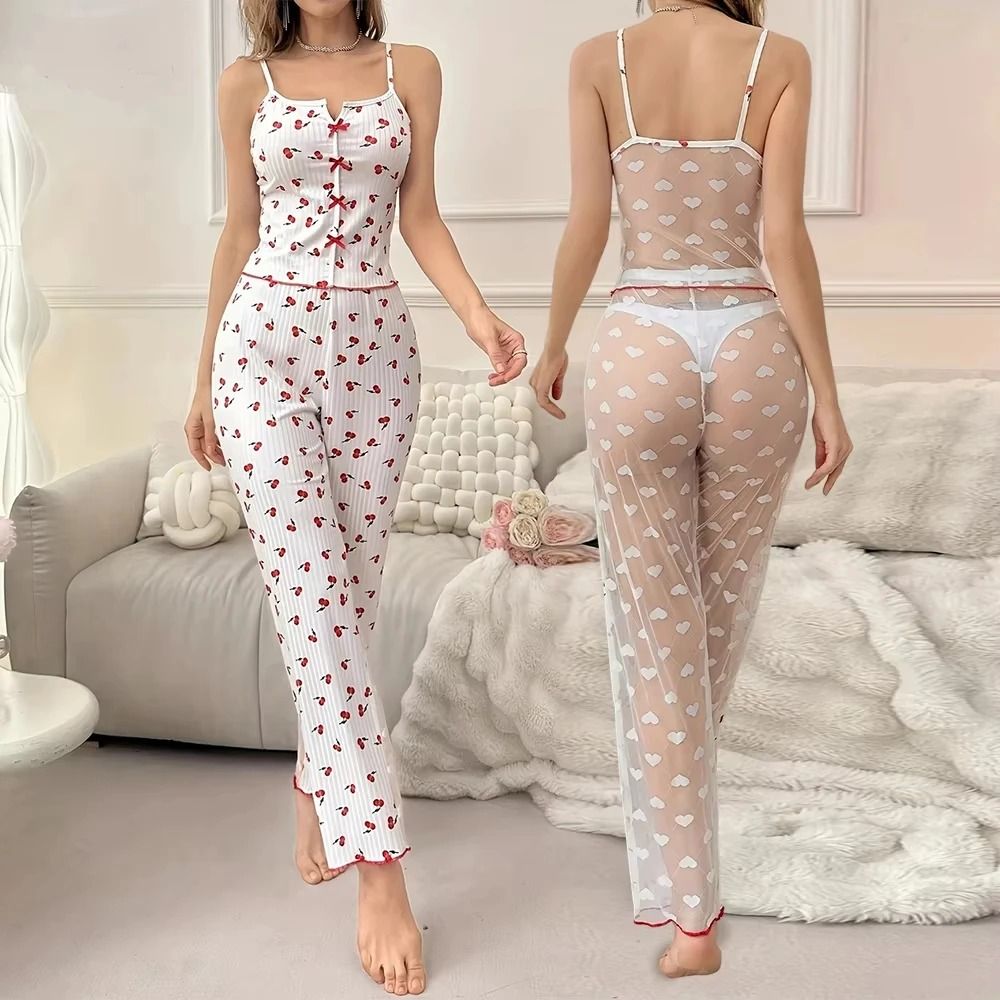 Womens Sheer Mesh Lace Two Piece Pajama Set With Ribbed Strap Top And Pants