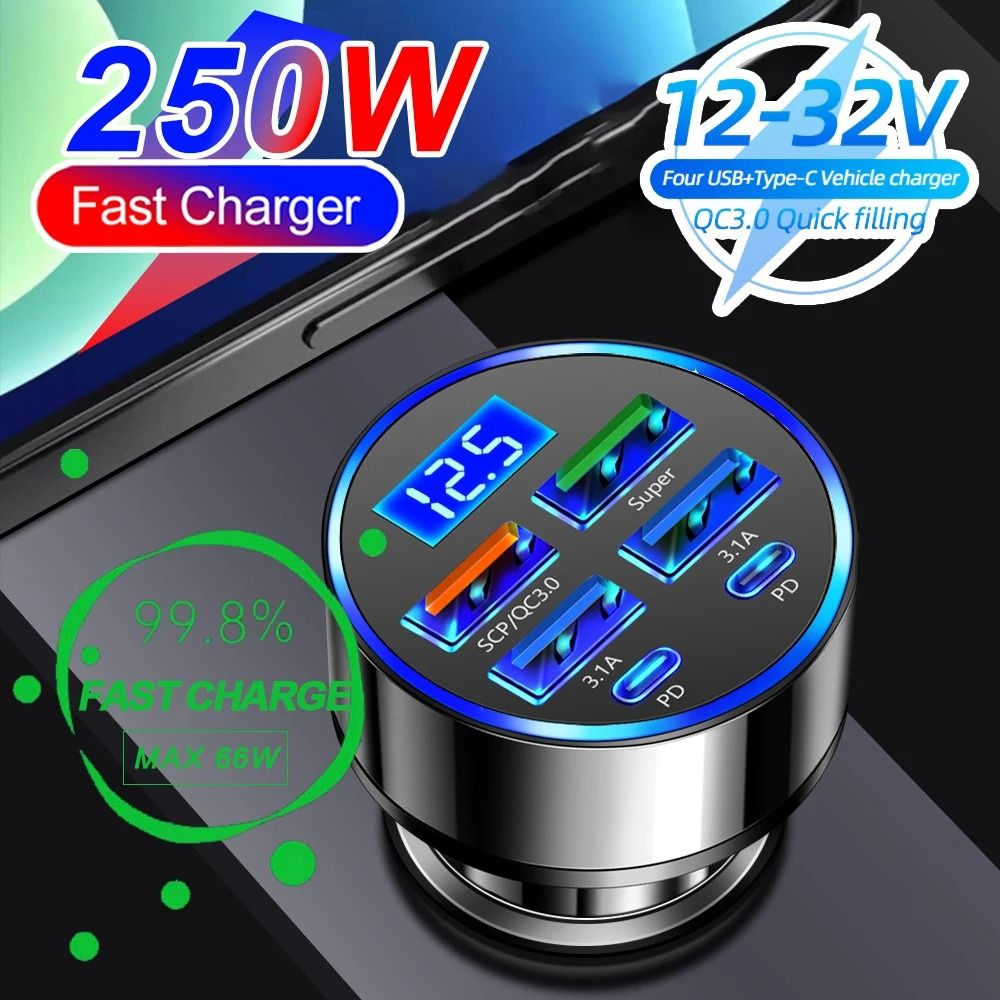 Fast Charge Car Charger with Digital Display 4 USB and 2 PD Ports