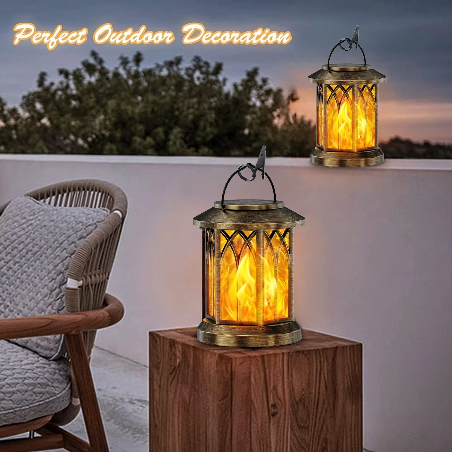 2-Pack Flickering Flame Solar Lanterns | Hanging Outdoor Garden Lights in Bronze & Black