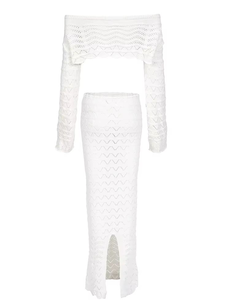 ChicWave Summer Knit Beach Set Two Piece Drawstring Skirt and One Shoulder Top