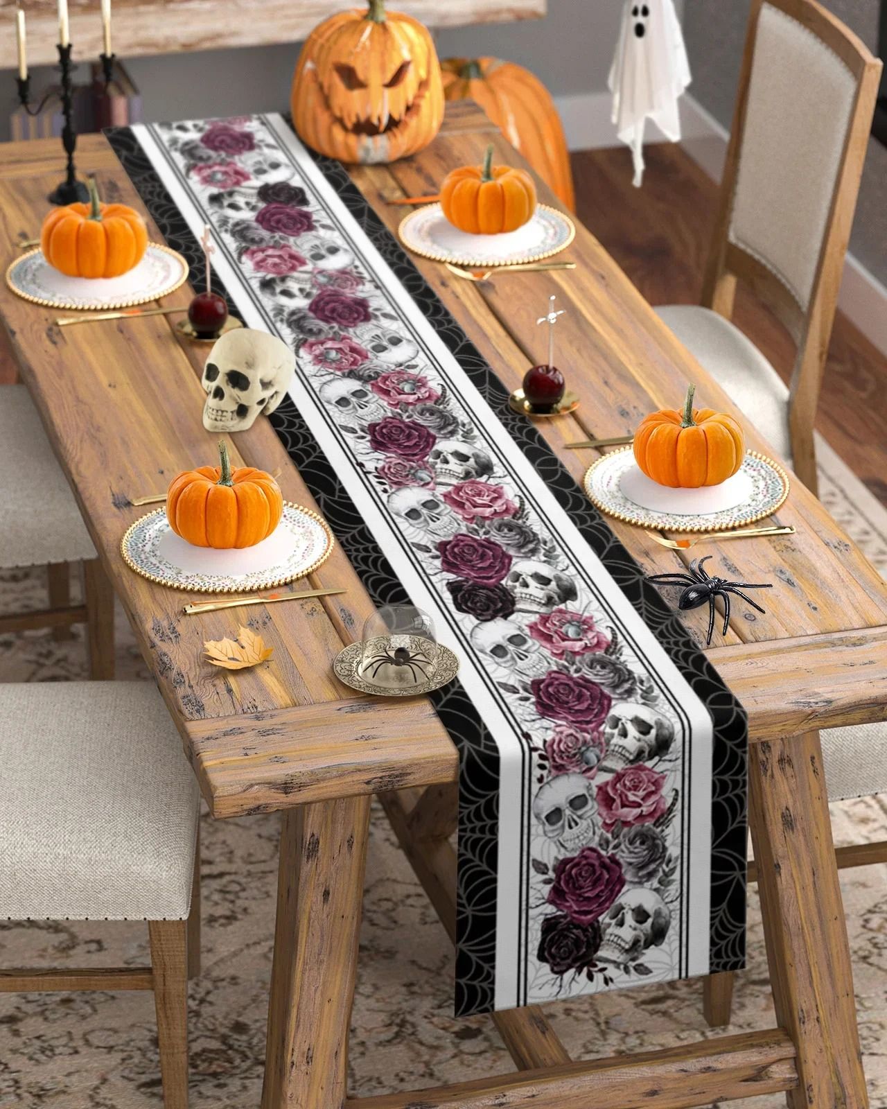 Halloween Skull Rose Crow Linen Table Runner Gothic Party Dining Table Decor