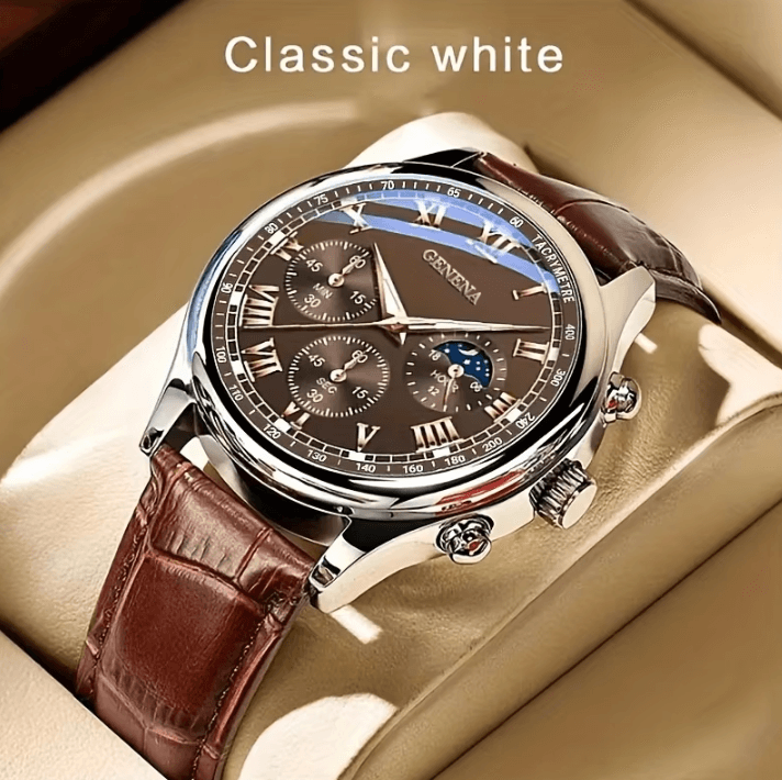 GENEVA Luxury Mens Quartz Watch Leather Strap Waterproof Business and Sport Wristwatch