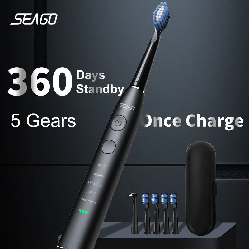 Seago Electric Sonic Toothbrush USB Rechargeable with 4 Replacement Heads and Travel Box