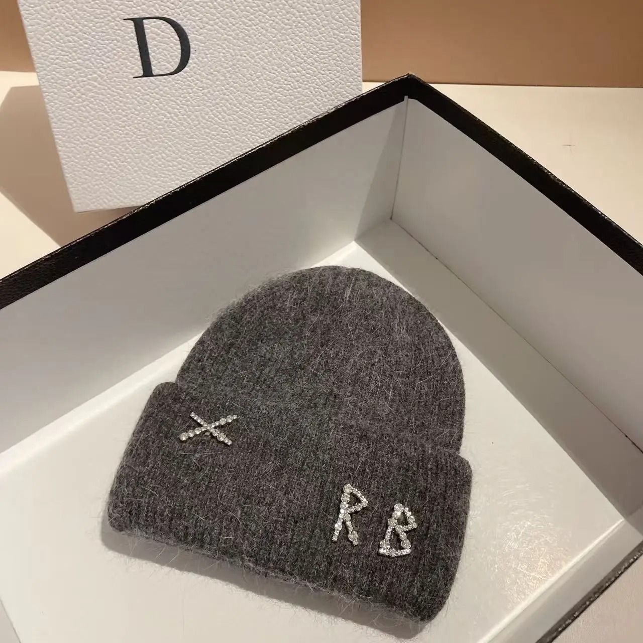 Diamond-Embellished Rabbit Fur Blend Thermal Beanie