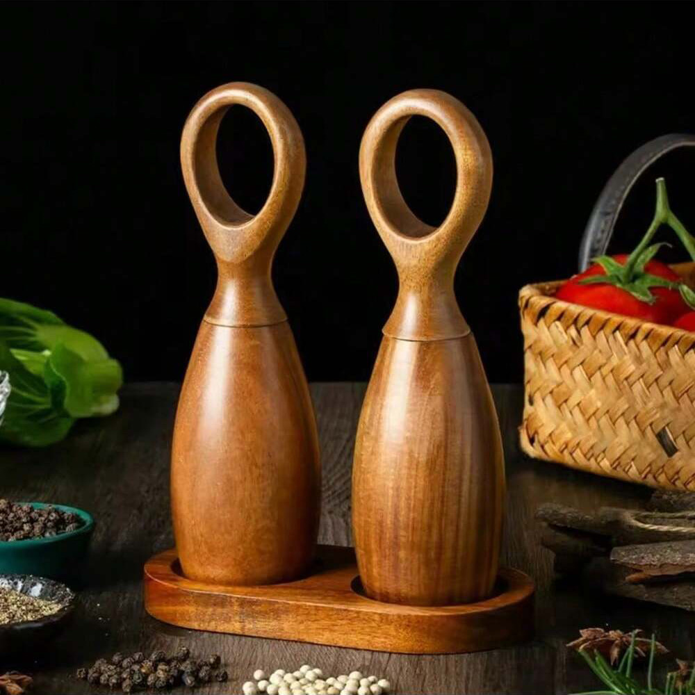 Adjustable Wooden Salt and Pepper Grinder Set with Ceramic Core and Storage Rack for Spices