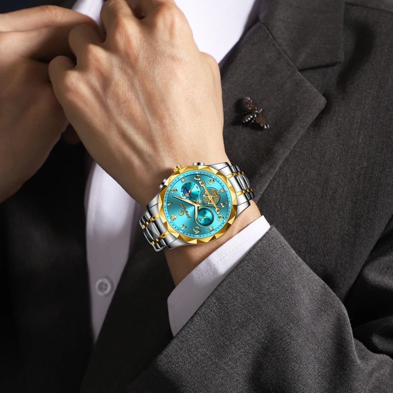 PAAZOMU Luxury Stainless Steel Men's Chronograph Quartz Watch with Moon Phase