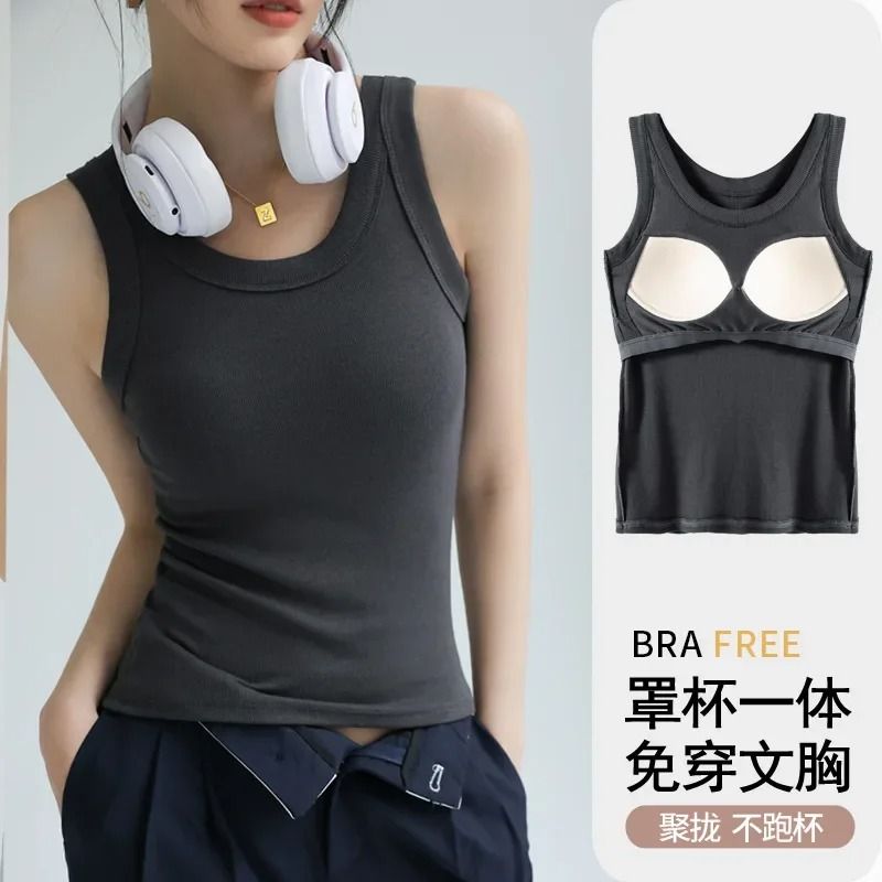 Womens Ribbed Tank Top with Chest Pad Summer Casual Camisole