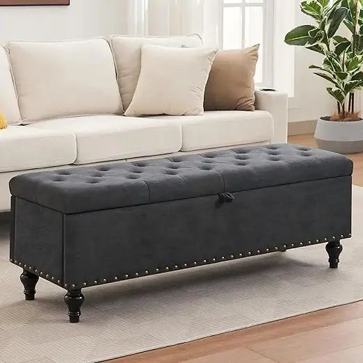 51.8in Dark Gray Linen Storage Ottoman Bench – Large Upholstered Rectangular Seat with Safety Hinges