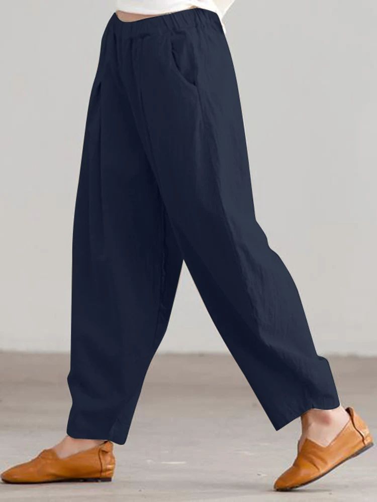 Women Summer Cotton Wide Leg Pants Elastic Waist Loose Casual Trousers