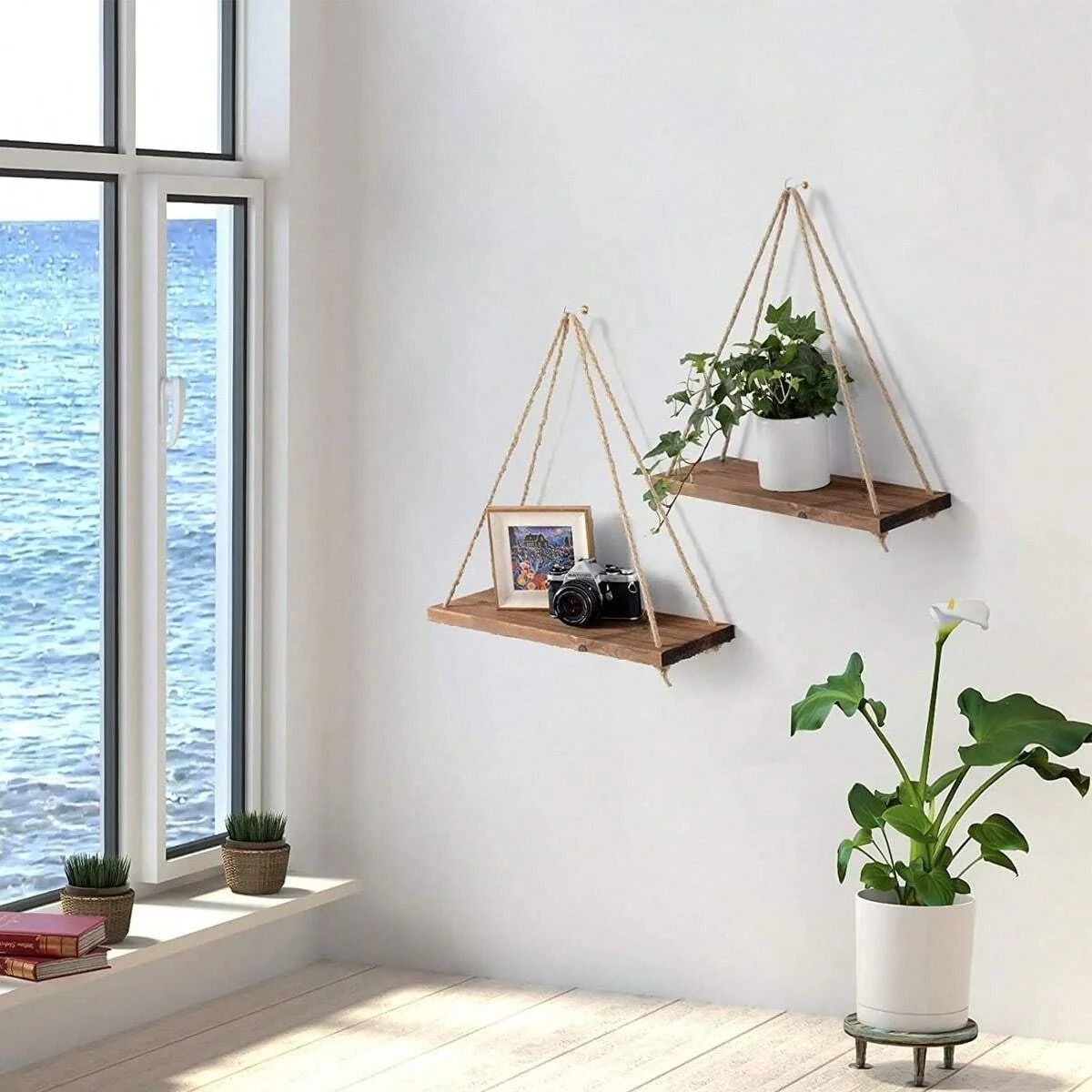 Floating Wooden Hanging Shelf – Wall-Mounted Rope Storage Rack for Plants & Home Decor