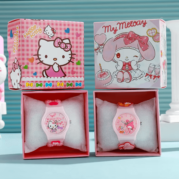 3D Hello Kitty Cartoon Kids Watch Cinnamoroll Kuromi Melody Silicone Wristwatch Gift Set