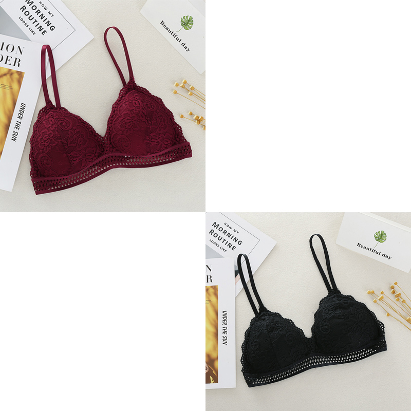 French Lace Women Bralette Soft Deep V Brassiere, No Steel Ring Beauty Back Bra, Girls Triangle Cup Padded Underwear