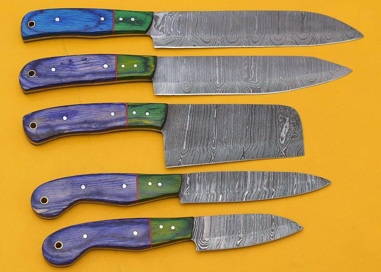 Custom Handmade Damascus Chef Knives Set of 5 with Leather Sheath