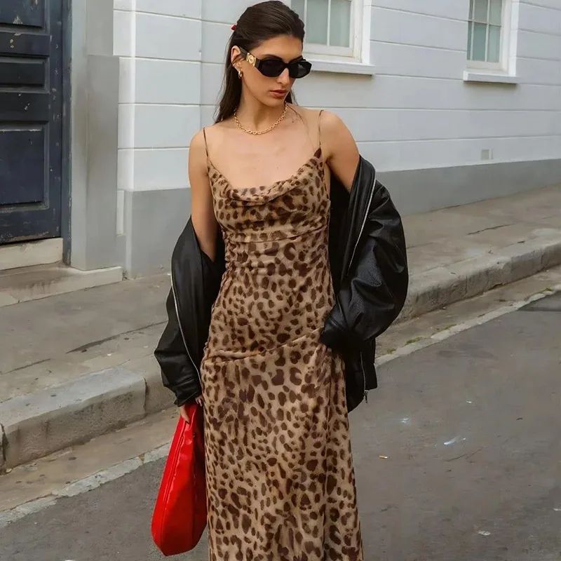 Sexy Leopard Print V-Neck Backless Long Strap Dress for Women, Street Royal Sister Style Glam