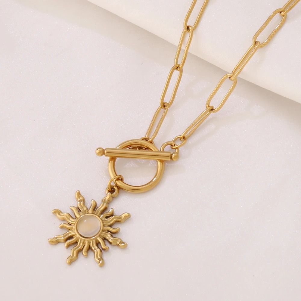 Sun Pendant Necklace Gold Turquoise Charm Stainless Steel Clavicle Chain