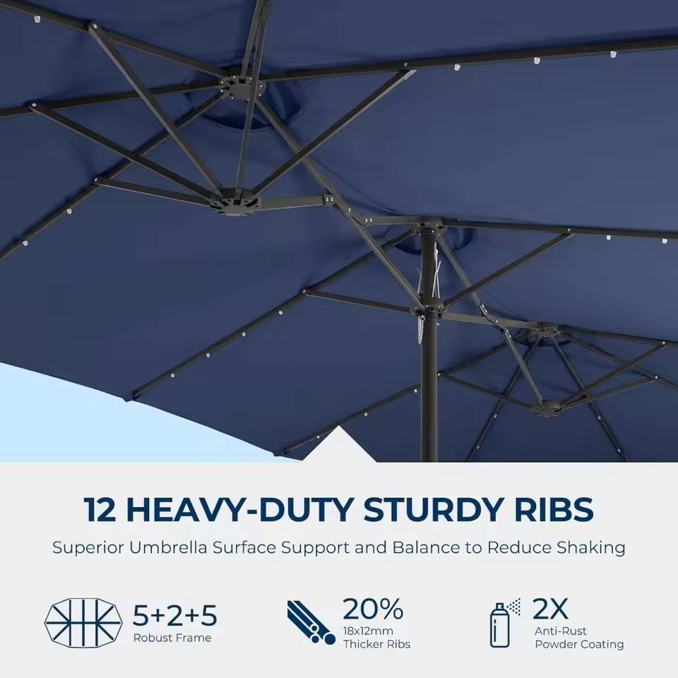 Extra Large Double Sided Patio Umbrella with Solar Lights and Base