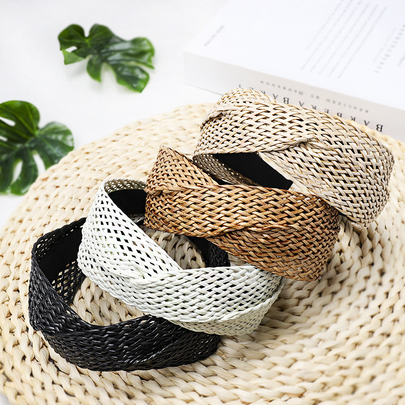Weaving Cross Hair Hoop, Beach Style Straw Headband, Wide-Brimmed Headwear