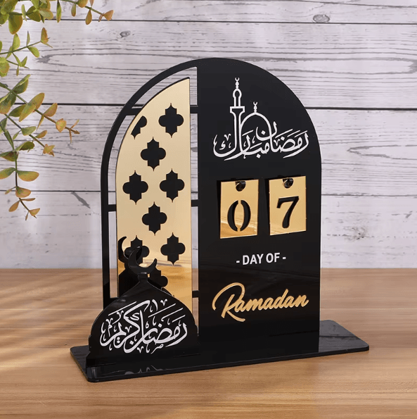 Black & Gold Acrylic Ramadan Countdown Calendar – Eid Mubarak Table Decor with Replaceable Numbers