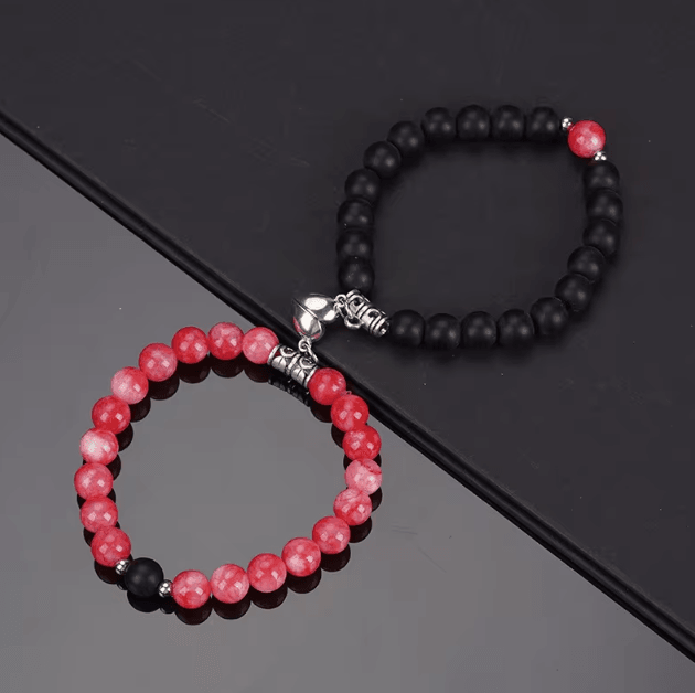 LavaLove 2-Pcs Beaded Couple Bracelets Set – Natural Stone Heart Magnetic Distance Bracelets Gift