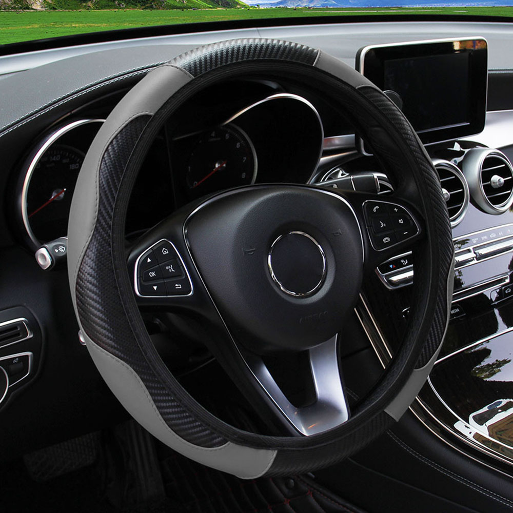 Premium PU Leather Carbon Fiber Car Steering Wheel Cover – Fits 14.5-15 Inches (No Inner Ring)