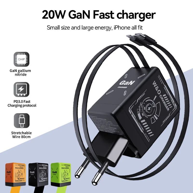 Fast Charger with Retractable Type-C and Lightning Cable