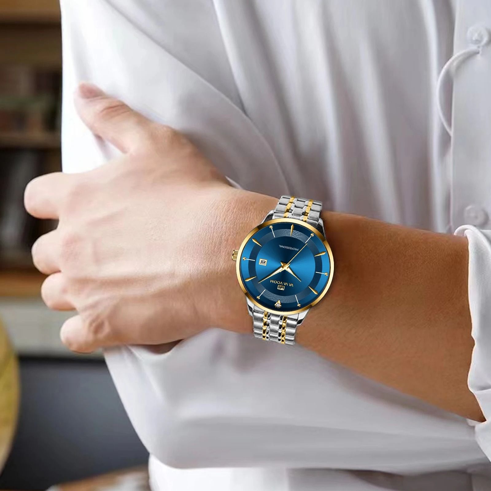 Mens Stainless Steel Rhinestone Business Watch 43mm Blue Gold Quartz
