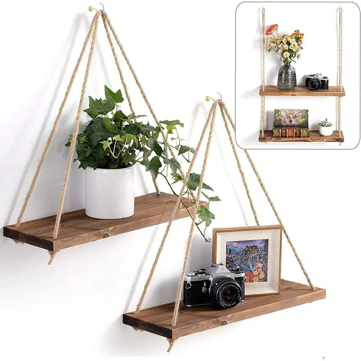 Boho Hanging Plant Shelf Wooden Wall Shelf with Rope - Wall Hanging Planter Display Rack