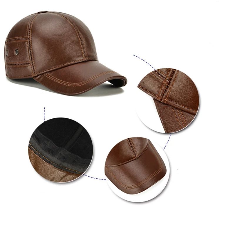 Men Real Cowhide Leather Winter Baseball Cap