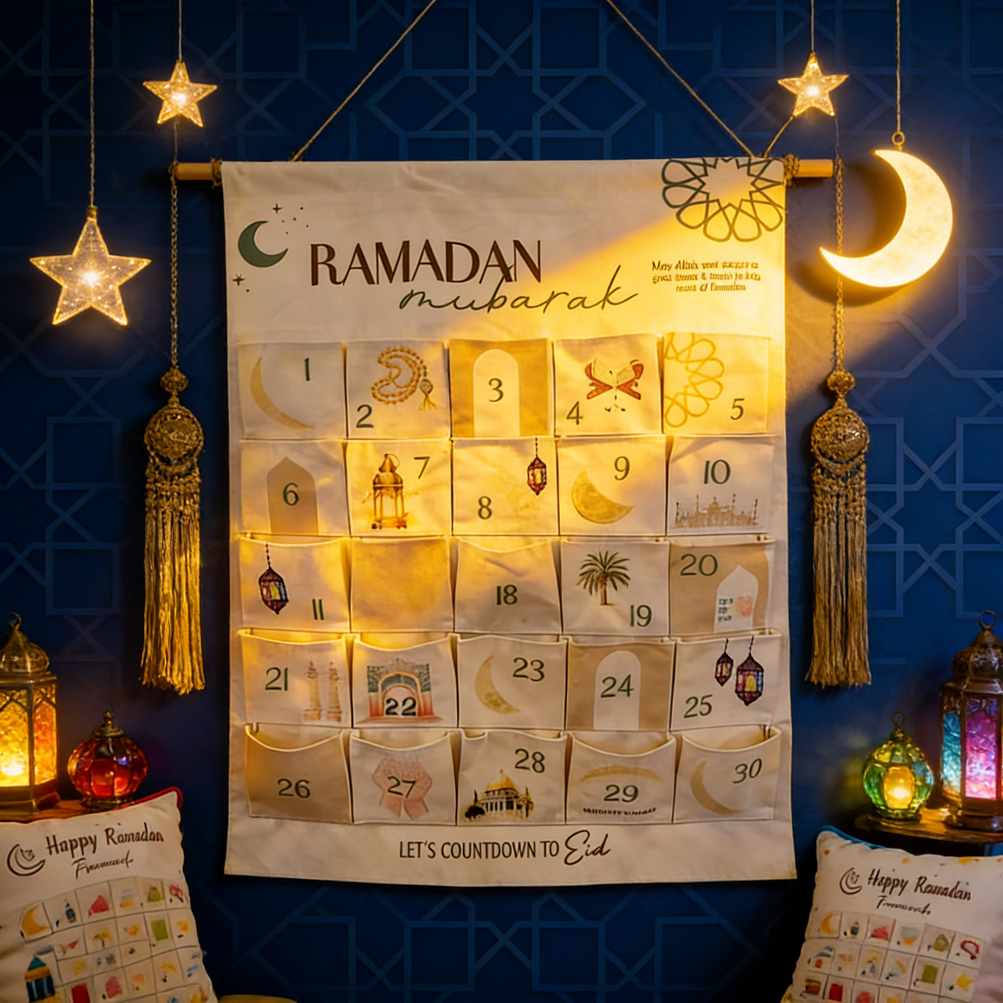 Muslim Children Advent Calendar, Countdown Wall Hanging Gift Bag, Eid Mubarak Holiday Decoration