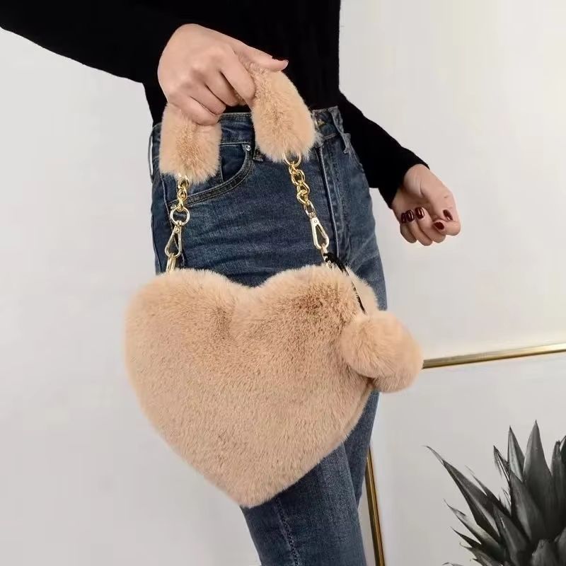 Faux Fur Heart Bag Small Chain Shoulder Purse, Plush Crossbody Clutch