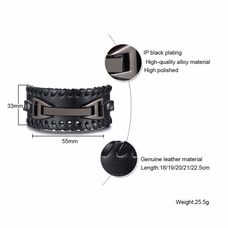 Men Vnox Wide Leather Wristband, Genuine Leather Punk Bangle with Metal Charm, Adjustable Fashion Cuff Bracelet Gift