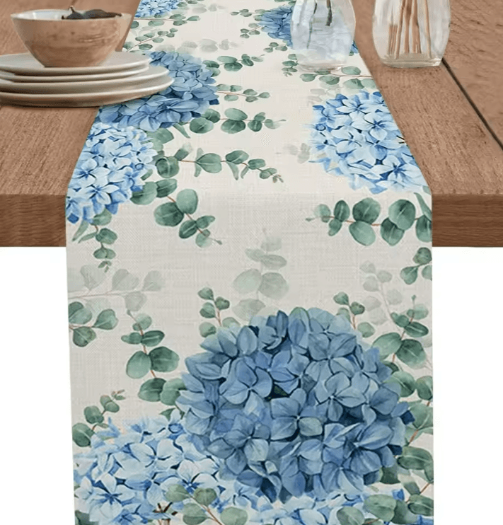 Blue Hydrangea Eucalyptus Linen Table Runner – Elegant hydrangea table runner for Farmhouse & Wedding Decor